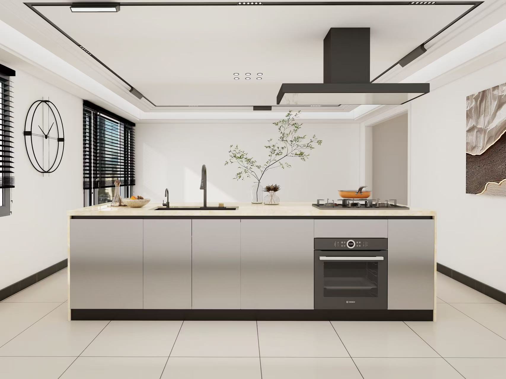 Minimalism Perfected: Stainless Steel Handleless Kitchen Cabinets